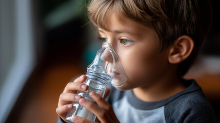 Close-up of a young boy using a nebulizer device to treat a respiratory condition, defocused background, pediatric respiratory disease concept, breathing treatment care, with copy