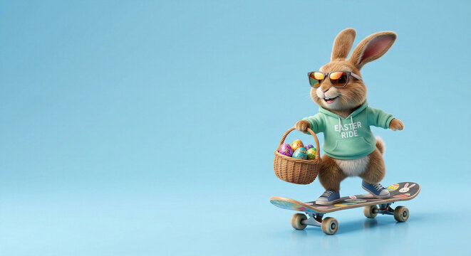 A funny, dynamic 3D bunny in sunglasses rides a skateboard while holding a basket of Easter eggs. Blue Easter background with space for text.