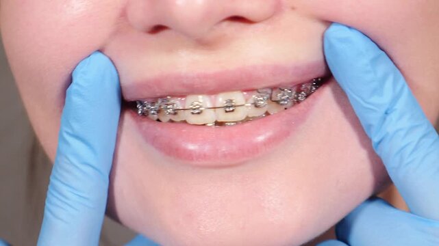 Orthodontic treatment and dental care. Happy womanshowing teeth with braces, close-up. Cropped smiling female face mouth, dental braces system. Orthodontic treatment. Oral health care. 4k video