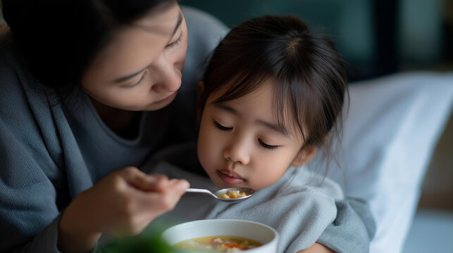 Faceless Asian mother gently spoon-feeding her sick young daughter warm soup while she rests in bed, defocused background, maternal care concept, childhood illness nourishment,