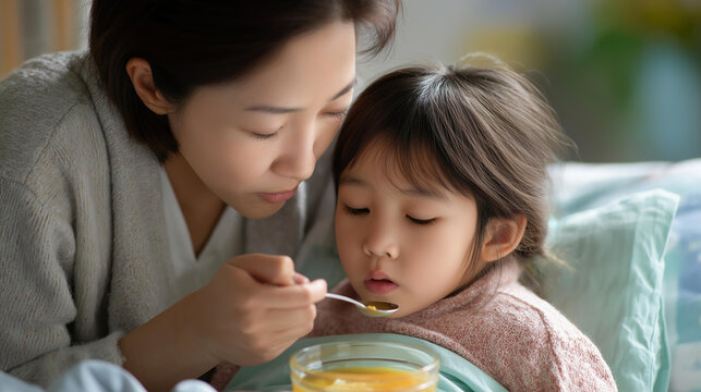 Faceless Asian mother gently spoon-feeding her sick young daughter warm soup while she rests in bed, defocused background, maternal care concept, childhood illness nourishment,