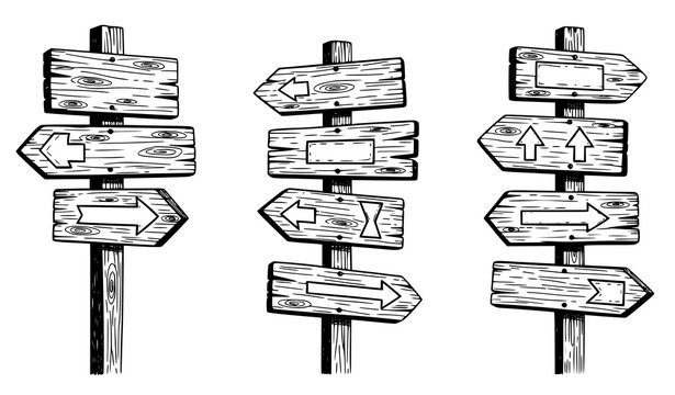 Hand Drawn Wooden Direction Signs Set with Arrows Pointing Different Ways
