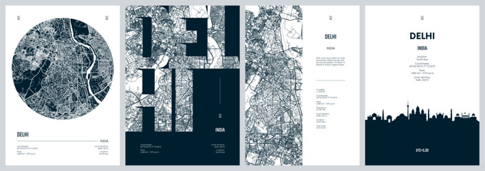 Set of travel posters with Delhi the capital of India, detailed urban street plan city map, Silhouette city skyline, vector artwork © max_776