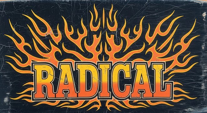 Stylized flames graphic incorporating the word radical over a distressed dark background texture.