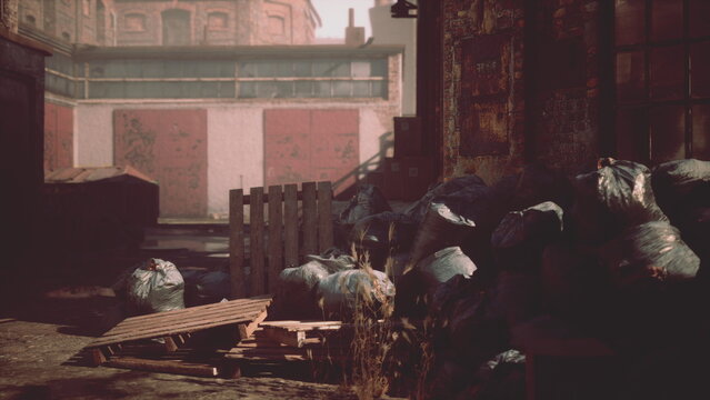 An abandoned alley showcases piles of garbage and broken wooden pallets. Signs of neglect are visible on the walls. Sunlight casts a warm glow on the desolate scene, evoking a sense of decay.