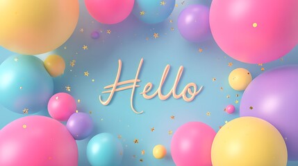 Fototapeta premium A colorful illustration of balloons and confetti with the word Hello written in cursive script on a blue background.