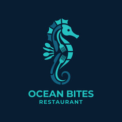 Obraz premium This elegant logo features a stylized seahorse, fork, and spoon, symbolizing the connection between the ocean and exquisite dining experiences in a modern restaurant.