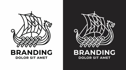 A sleek black and white logo featuring a Viking ship, symbolizing adventure and exploration, ideal for brands associated with travel, history, or nautical themes. © Zejun