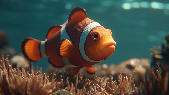 Vibrant Clownfish Swims Through Coral Reef Underwater.