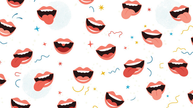 Fun and expressive seamless pattern of open mouths with tongues sticking out surrounded by colorful stars and squiggly lines.