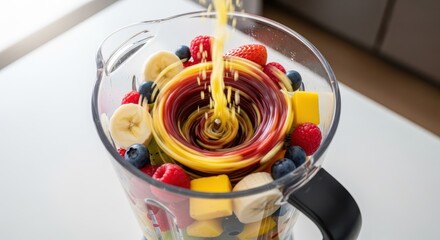 Fototapeta premium Stream of liquid mixes vibrant fruit pieces inside a clear container for blending