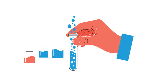 Red hand holding a glass test tube filled with blue bubbling liquid representing chemical experiments and scientific research.
