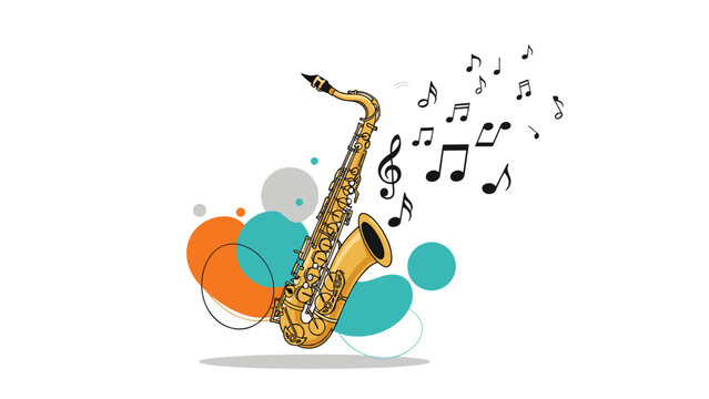 Golden saxophone illustration with floating black music notes and colorful abstract circular shapes on a white background.