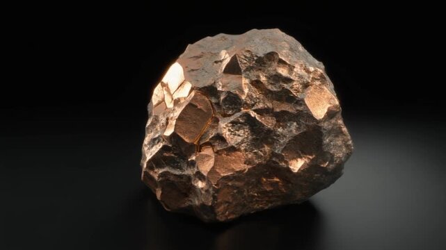 A large copper ore chunk with a rough, fractured surface sits on a dark background, illuminated to highlight its metallic texture and warm, earthy tones.