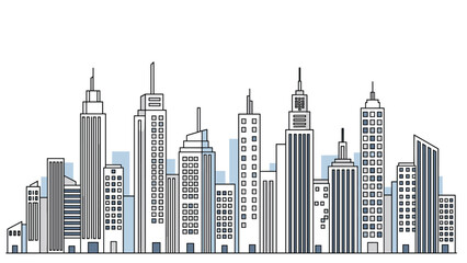Fototapeta premium Linear illustration of a city skyline with various tall buildings and skyscrapers in shades of blue and white on a white background.