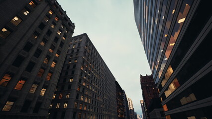 narrow city street at evening office lights glowing, traffic reflections on glass, steady flow of taxis and buses, urban workers hurrying between buildings, © icetray
