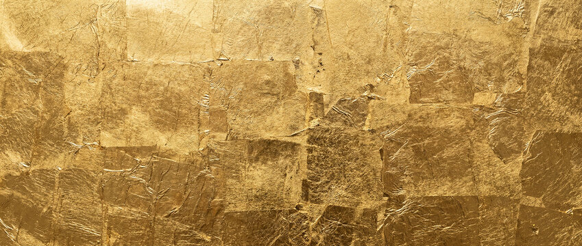 Realistic Gold Leaf Tile Texture Background, Metallic Foil Patchwork, Full Frame