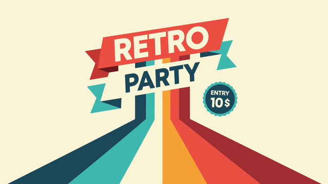 Vibrant retro party poster design with bold text on a red ribbon and colorful diagonal stripes in vintage hues.