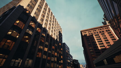 streetlevel brick facade meeting glass tower dusk ornate masonry and warm interior lights, narrow urban canyon perspective, real estate scouting mood, historic © icetray