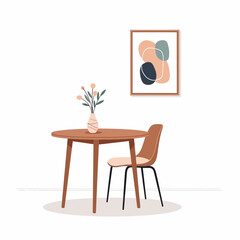 Fototapeta premium Minimalist dining set: round table with vase and chair, abstract art on wall