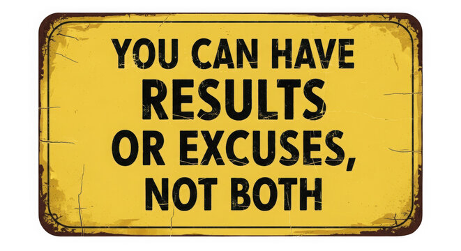 A sign emphasizing the importance of results over excuses in a professional setting. isolated on transparent background