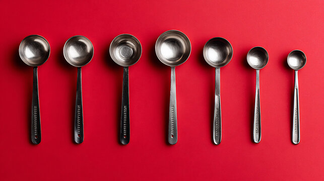 Top view of a row of seven shiny silver metal measuring ladles of various sizes arranged on a vibrant red background, kitchen tools.