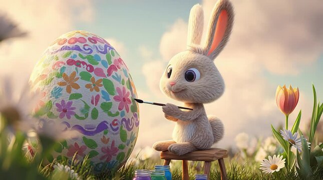 Easter Bunny Painting Giant Decorative Egg In Spring Garden