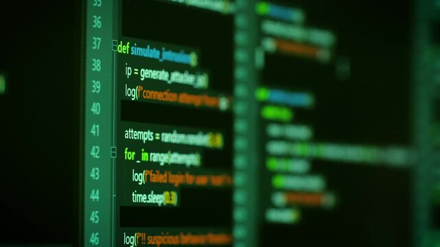 Close up computer monitors displaying fictional programming code and software development interface, technology workspace concept
