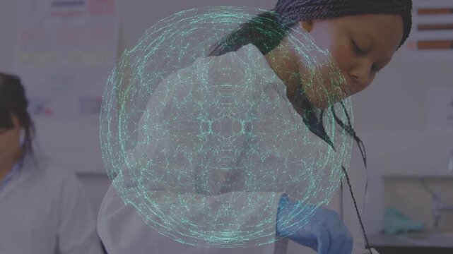Animation network of connections over caucasian african american doctor