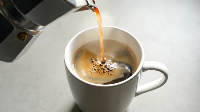 Pouring Freshly Brewed Coffee from Metal Pot into White Ceramic Cup Close Up pouring coffee metal coffee pot