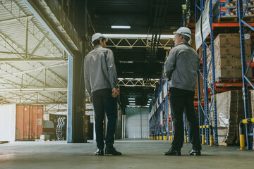 Fototapeta premium Rear view Two male warehouse workers are talking in the moving aisle area and jointly checking the orderliness of parcels placed on pallets on shelves in a storage area in an industrial.