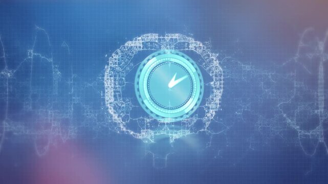 Animation of neon ticking clock over spinning human brain against blue gradient background