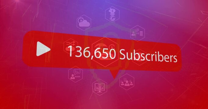 Animation of social media subscribers notification over global business icons, on red and blue