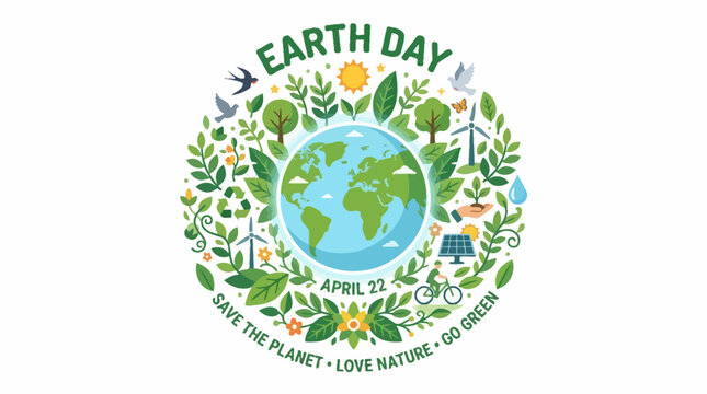 Earth Day logo with globe and leaves.