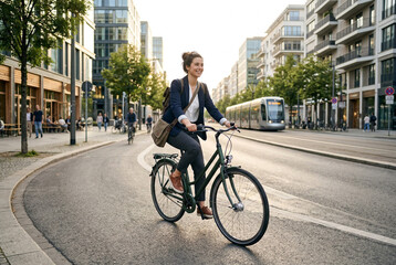 Fototapeta premium Young woman riding bicycle on city street during golden hour 