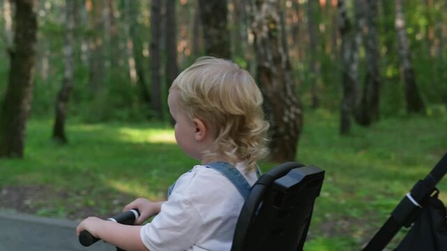 A cute blonde toddler in overalls enjoys a ride on a push tricycle in a park. The child looks back at their parent, smiling happily, during a family walk in the woods. Rear view shot.