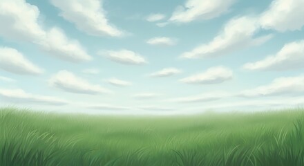 Fototapeta premium Serene landscape of green grass and blue sky with white clouds