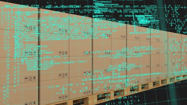 Animation of data processing over multiple boxes on conveyer belt against black background