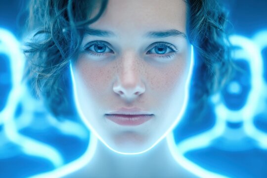 Portrait of a young woman with short curly hair illuminated by blue holographic avatars, showcasing a futuristic digital environment with glowing outlines