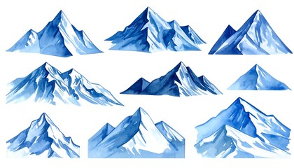 Fototapeta premium Watercolor peaks. Collection of blue and white snowy mountains on white background, artistically rendered