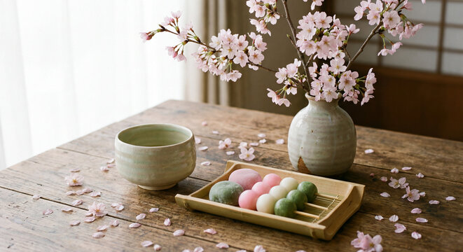 Japanese spring festival still life with sakura cherry blossom branches, dango rice cakes, and tea cup on rustic wooden table in natural light