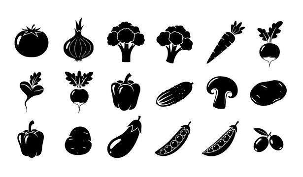 Vegetable silhouettes icon set organic farm food symbols vector isolated on white
