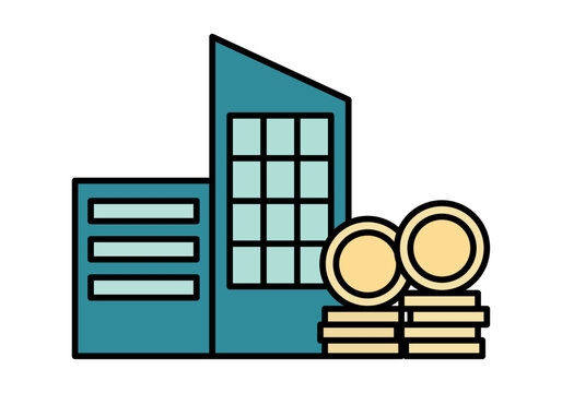 Edificios de oficinas modernos con pilas de monedas doradas que simbolizan &eacute;xito financiero y banca