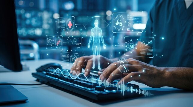 ai diagnostics, digital health, telemedicine, medical technology, healthcare innovation, artificial intelligence, bioinformatics used by doctor in futuristic laboratory environment.