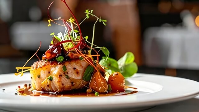 Gourmet grilled scallop dish gourmet seafood plate restaurant fine dining microgreens garnish chef culinary art delicious meal food photography savory dinner elegant cuisine