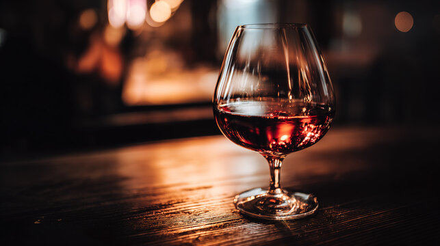 Glass of red wine elegantly placed on a dark wooden table, reflecting warm ambient light.
