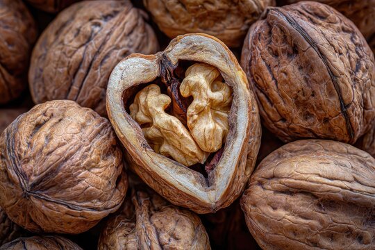 Close up of shelled and unshelled walnuts showcasing natural textures and details