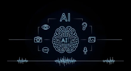 Obraz premium Glowing AI Brain Neural Network with Vision, Speech and Voice Recognition Icons on Dark Technology Background