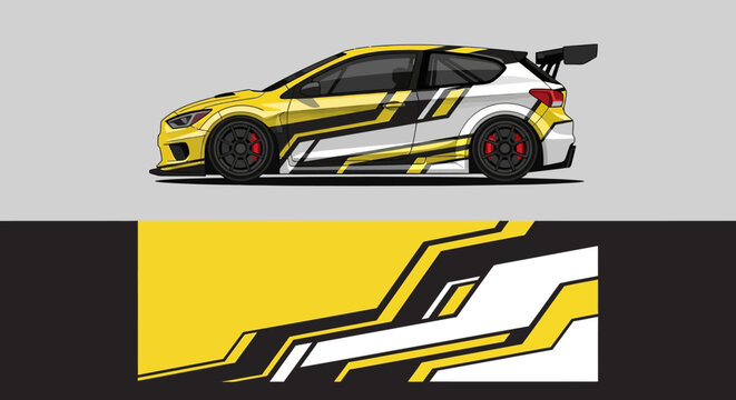 High speed yellow race car with bold white and black graphics on gray background.