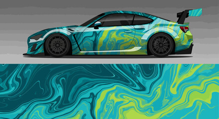 Vibrant turquoise racing car with flame decals on a sleek track backdrop. © Lailatul
